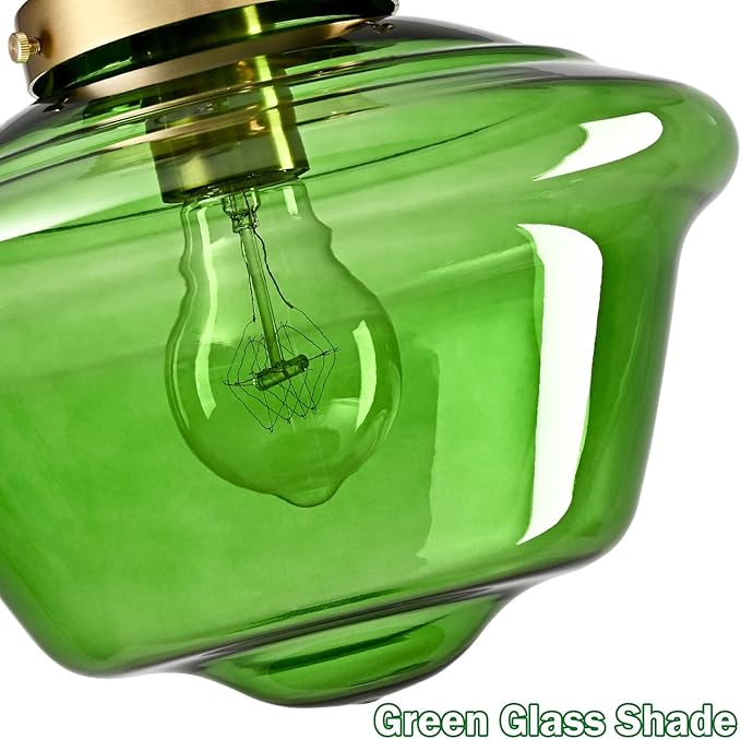 SAMTEEN Schoolhouse Light Fixtures Gold Ceiling Light 10-Inch Modern Green Glass Semi Flush Mount Ceiling Light Vintage Brass Hallway Light Fixtures for Bedroom Kitchen Entryway Living Room