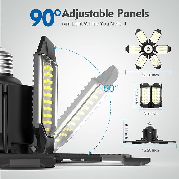 TANBABY 260W Motion Sensor Garage Lights, 30000LM Shop Lights with Remote Control 3 Modes (ON/Off/AUTO), 30/60/120s Timer, E26 Screw-in Deformable 6-Panel 6500K Ceiling Light for Garage Shop (2 Pack)