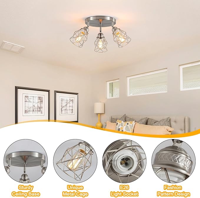 Kitchen Light Fixtures Ceiling Mount, Adjustable Semi Flush Mount Ceiling Light, Multi-Directional Lamp for Kitchen, Hallway, Dining Room, Farmhouse with E26 Base (Brushed Nickel)