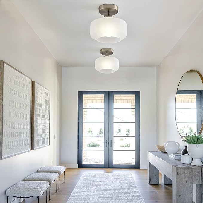 Industrial Nickel Matte Light Fixtures Ceiling Mount, with Frosted Glass Shades Semi Flush Mount Ceiling Light, for Hallway Fixtures Kitchen, Foyer