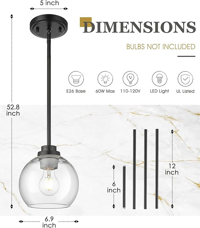 Pendant Lights Kitchen Island, 7" Modern Black Hanging Lights Fixtures with Clear Glass Globe Shade, Kitchen Island Lighting for Bathroom, AD-22280-1P-BK-C