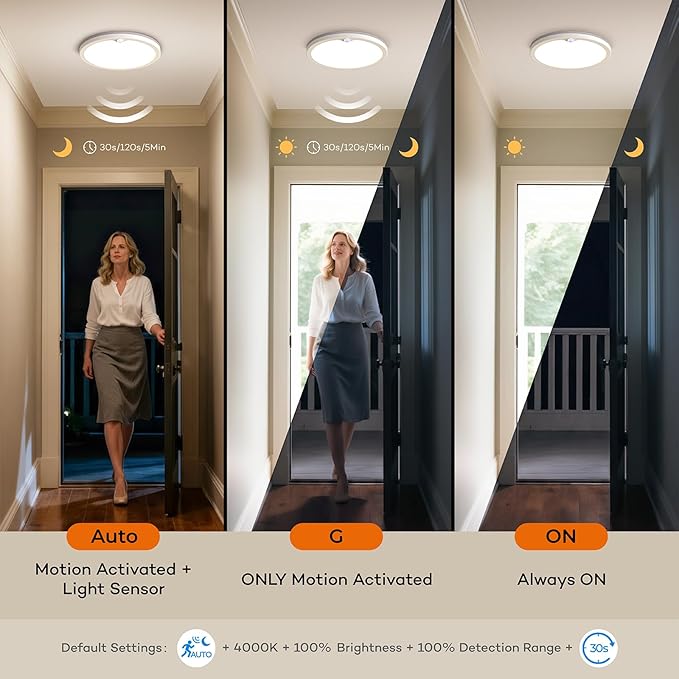 Motion Sensor Ceiling Light with Remote, Night Light 2000K, 8.7 Inch Wired Flush Mount 3000K/4000K/5000K Selectable, 1800LM Dimmable Motion Sensor Light Indoor for Closet Hallway Stairs White