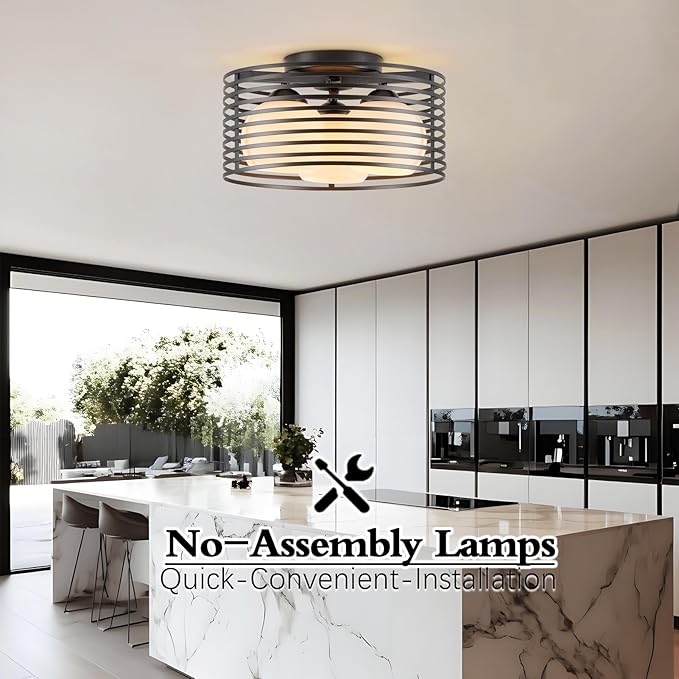 Modern Industrial Semi Flush Mount Ceiling Light, 3-Light Black Farmhouse Ceiling Light Fixture with Glass Shade, Hallway Lighting Fixture for Kitchen, Bedroom, Bathroom, Foyer, Laundry room 12.79in