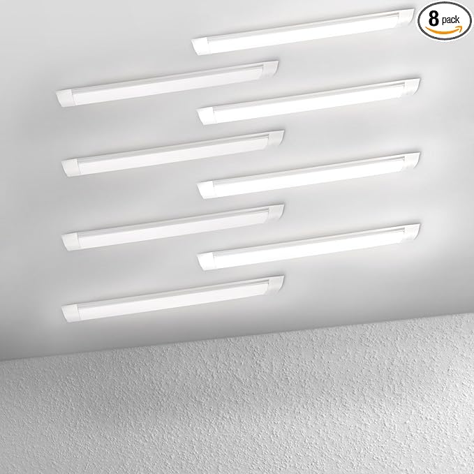8-Pack 2FT LED Batten, Close to Ceiling Light fixtures, 20W, Ultra-Thin Day Light, 4000K, IP20, LED Ceiling Light for Garage, Stores, Warehouse, Office, Corridor, supermarkets, etc.