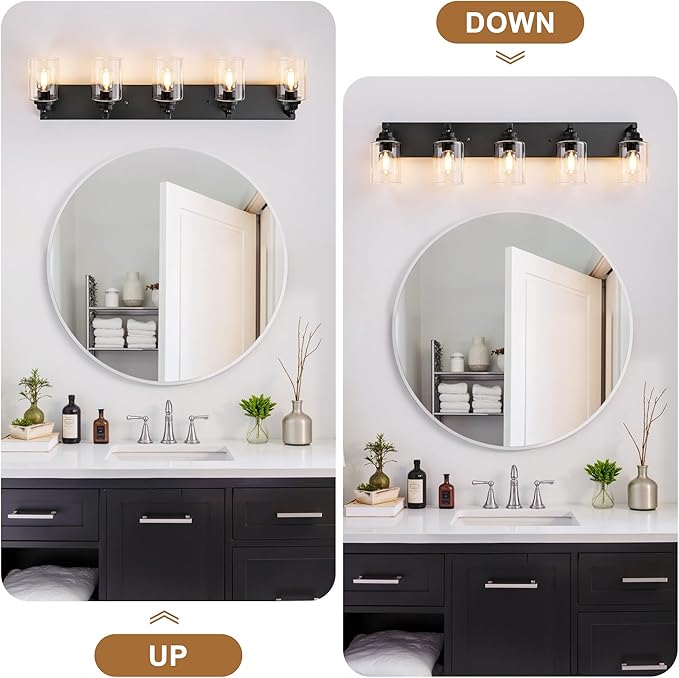 Black Bathroom Light Fixture, 5 Light Matte Black Vanity Light, 35.4" Modern Bathroom Lighting Fixtures Over Mirror, with Clear Glass Shade, Vanity Lights for Bathroom Bedroom Hallway