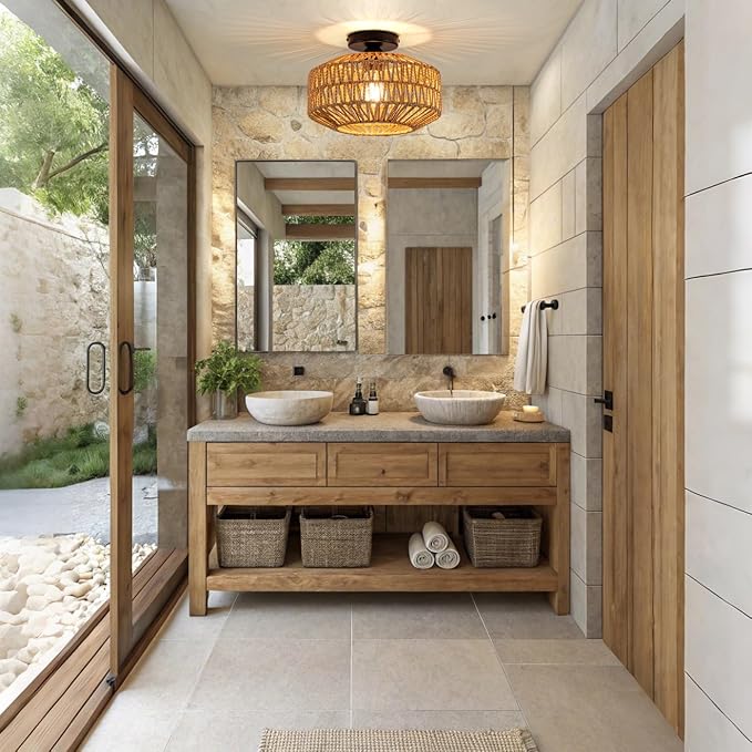 Rattan Boho Ceiling Light Fixture,Bohemian Woven Flush Mount Ceiling Light, Boho Chandelier Light Fixture Flush Mount for Hallway, Bedroom, Kitchen, Living Room, Entryway E26 1 Light