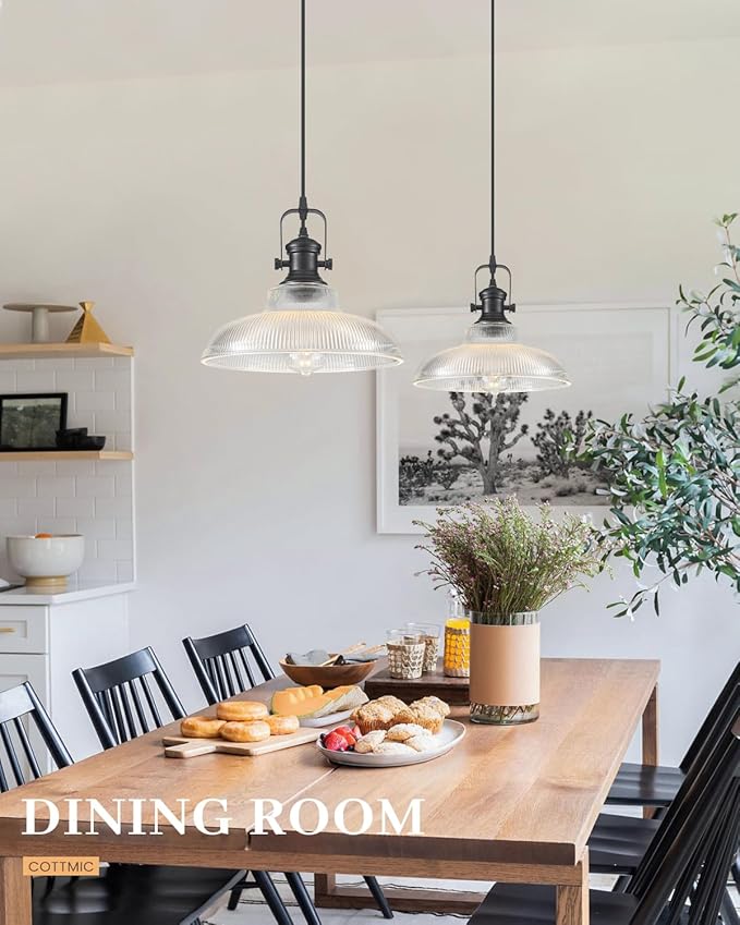 Black Glass Pendant Lights Kitchen Island, 12in, Ribbed Glass Kitchen Pendant Lights Fixture, Farmhouse Pendant Lighting for Dining Room Bedroom Bar Sink, 1 Pack