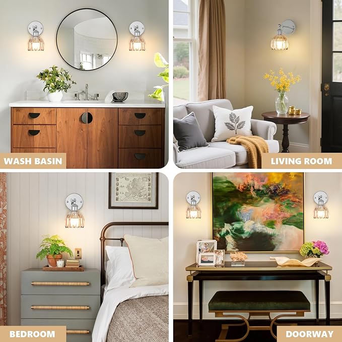 Vintage Battery Operated Wall Sconce, Amber Tulip Glass Lampshade Wireless Rechargeable Battery Powered LED Wall Light with Remote Dimmable for Bedside Bedroom Living Room, Silver, Set of 2
