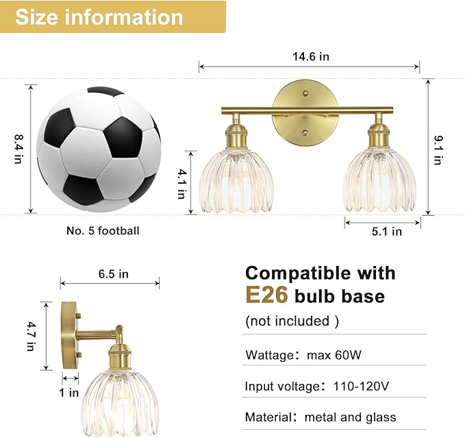 Vintage Bathroom Light Fixtures,2-Light Hardwired Vanity Lights with Clear Tulip Glass Shade,Gold Bathroom Vanity Light for Mirror Restroom,E26 Socket,14.57 in(Bulbs Not Included)