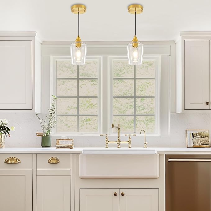 2-Pack Brushed Gold Pendant Lights Kitchen Island, Modern Glass Pendant Lighting Over Island Kitchen Hanging Light Fixtures Hallway Pendant Lights for Bathroom Dining Room Entryway Foyer Bedroom