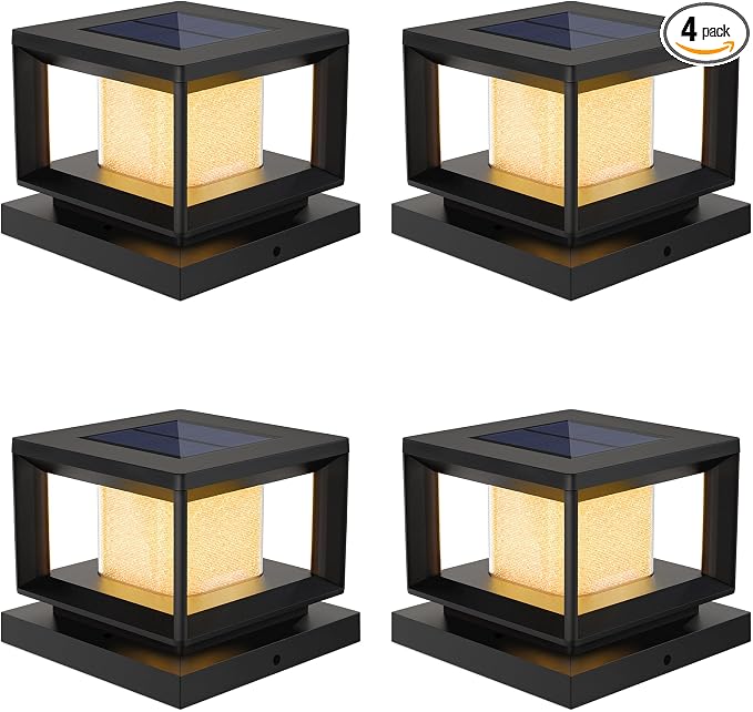 Mlambert 4 Pack Solar Post Lights Outdoor, Waterproof Fence Cap for Deck, 4x4 6x6 Wooden Vinyl Outdoor Lights with Shinning Effect, Black