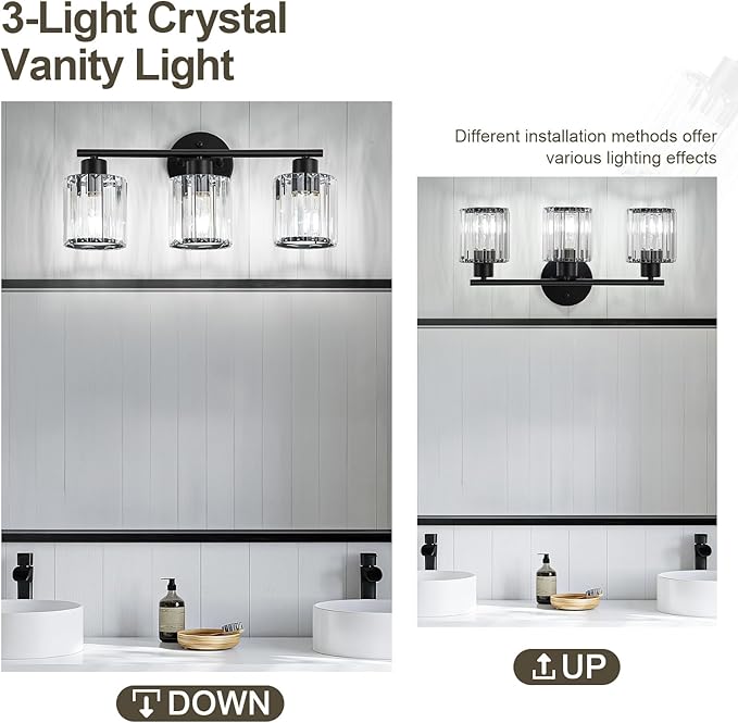Crystal Bathroom Light Fixtures, Bathroom Lighting Fixtures Over Mirror, Modern Black 3-Light Vanity Lights for Mirror, Restroom, Bedroom (Ceramic E26 Socket,Bulbs Not Include)