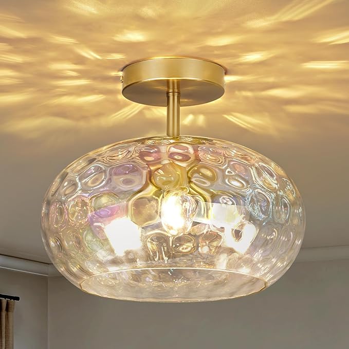 12" Iridescent Rainbow Hammered Glass Ceiling Light, 3-Light Semi Flush Mount Fixture, Modern Gold Lighting for Bedroom, Hallway, Kitchen, Dining Room, Living Room, Foyer
