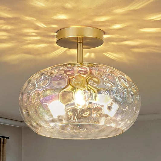 12" Iridescent Rainbow Hammered Glass Ceiling Light, 3-Light Semi Flush Mount Fixture, Modern Gold Lighting for Bedroom, Hallway, Kitchen, Dining Room, Living Room, Foyer