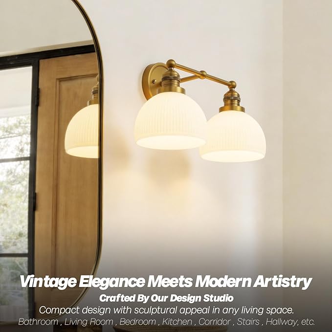 2-Light Gold Wall Sconces,Vintage Bathroom Wall Sconce Light with Milk Glass Double Arm Brass Bathroom Vanity Light for Living Room Bedroom Kitchen E26 Hardwire Indoor