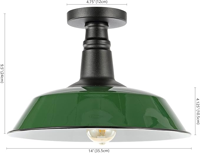 JONATHAN Y 14" Green/Black 1-Light Industrial LED Semi Flush Mount Ceiling Light for Porch, Kitchen, Entryway, Modern Farmhouse Iron Fixture, White Metal Shade, LED Bulb Included (JYL7617F)