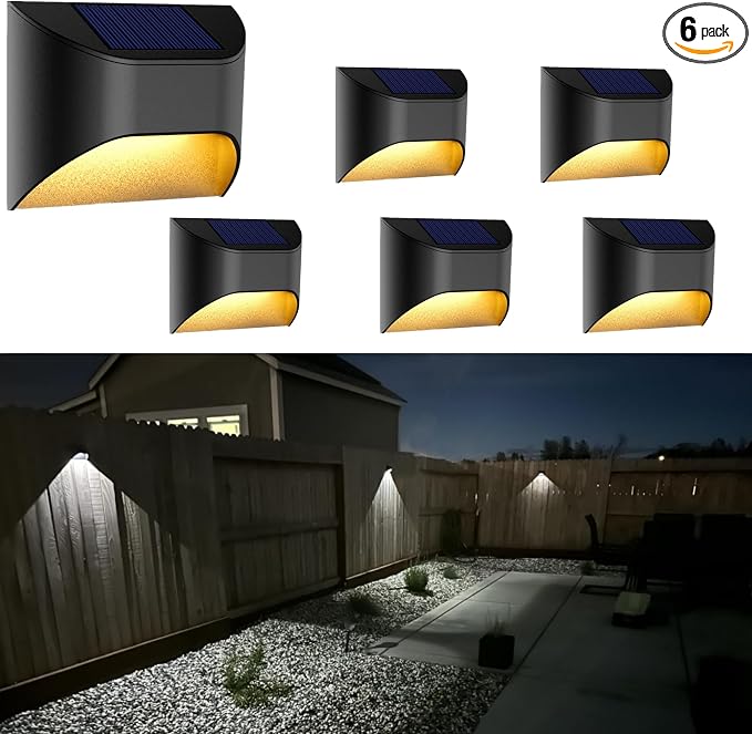 Solar Fence Lights，Deck｜Step ｜Stair Lights，Warm White/Daylight/Cool White Options for Yard Garden Sidewalk Pathway, Waterproof（6-Pack）