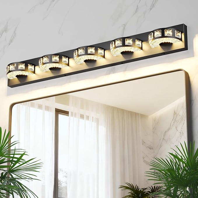 Modern Bathroom Vanity Lights 36.6 inch 5 Color Temperature Black Light Fixtures for Bathroom Above Mirror(5-Light,Dimmable)crystal Bathroom Light Fixtures for Mirror,Living Room,Kitchen,Hallway