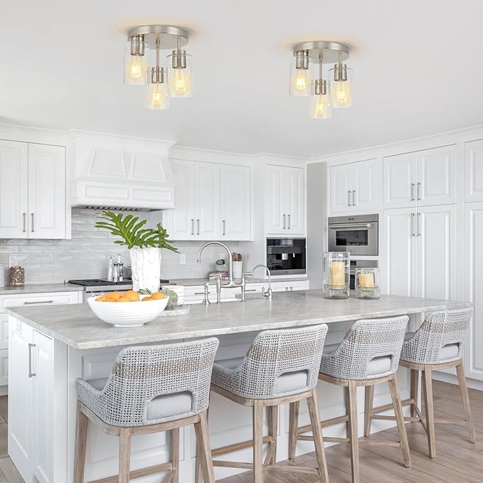 Semi Flush Mount Ceiling Light Fixture Brushed Nickel Flush Mount Ceiling Light with Seeded Glass Shades, 3-Light Modern Ceiling Light for Kitchen Hallway Entryway Island Bedroom