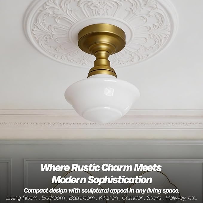 Modern Schoolhouse Semi Flush Mount Ceiling Light with Milk White Glass Lampshade, Industrial Close to Ceiling Light Fixture for Farmhouse Bedroom Hallway Entryway