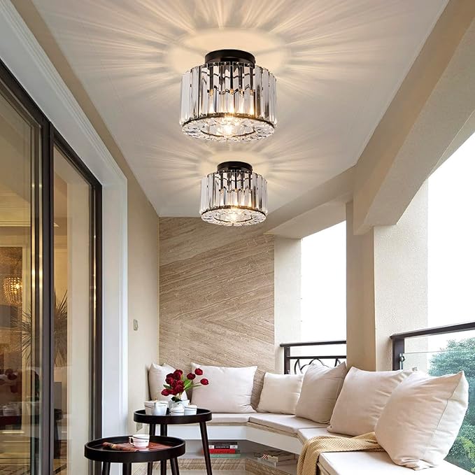 Black Crystal Semi Flush Mount Ceiling Light, Modern Chandelier, 9.06" Diameter, 7.28" Height, Bedroom, Dining Room, Kitchen
