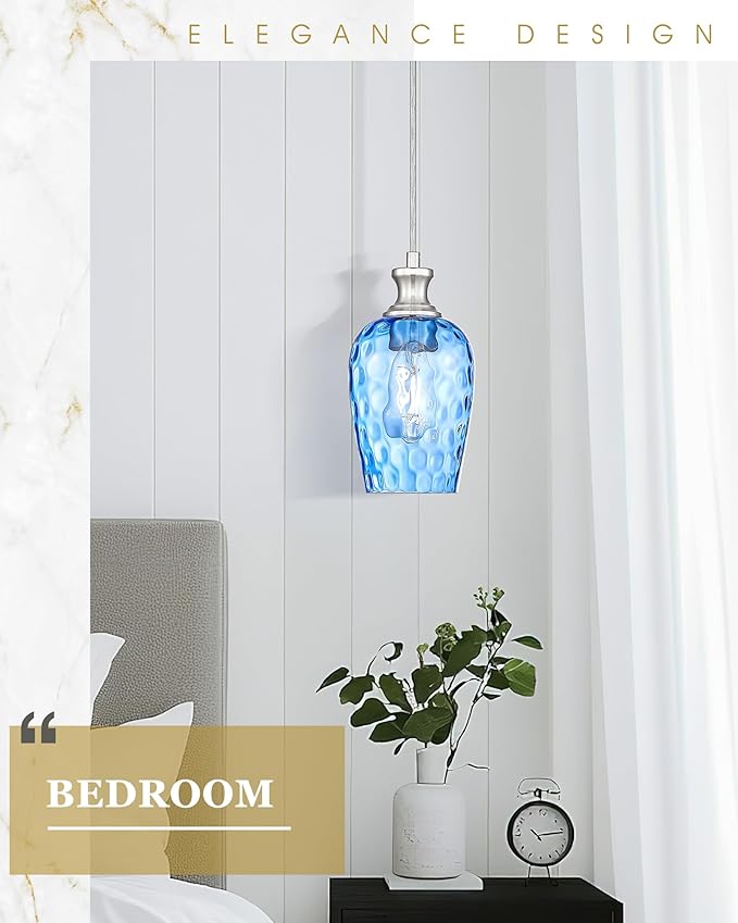 Pendant Lights Kitchen Island, Modern Brushed Nickel Hanging Lights Fixtures with Hand-Blown Hammered Blue Glass, Farmhouse Kitchen Island Lighting Over Sink, AD-24027-1P-SN-BL