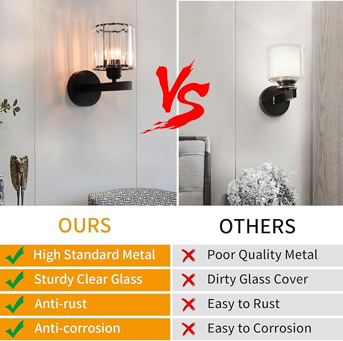 TISLYCO Black Wall Sconces Set of 2, Bathroom Wall Lighting Fixtures Over Mirror, Vanity Light, Modern Glass Shade Wall Lamp Black Indoor Decor for Bedroom Living Room Entryway