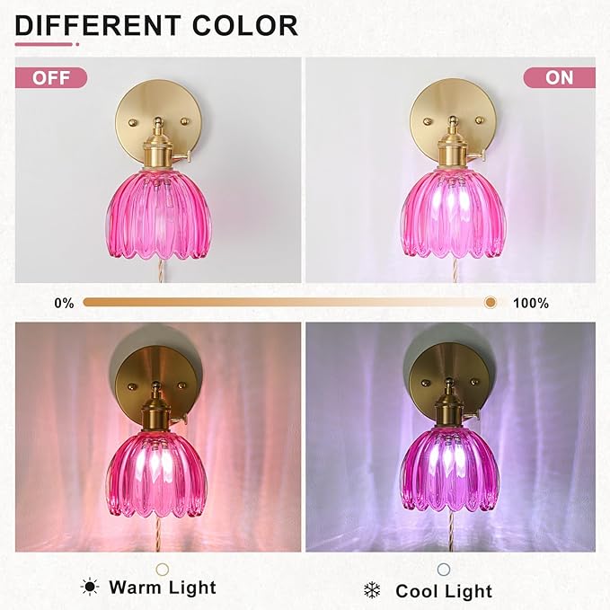 Plug in Wall Sconces Set of 2, Vintage Wall Sconce Light with Tulip Ruby Red Glass Lampshade, Bedroom Wall Sconce with Switch and Plug in wall lamp Cord, Gold Wall Light Wall Decor Set of 2