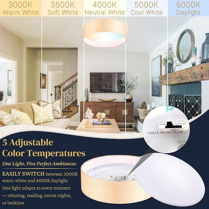 Hamilyeah 16 inch LED Flush Mount Ceiling Light, 36W 5CCT Dimmable Gold Fabric Drum Light Fixture Ceiling Mount, Modern Ceiling Lamp for Bedroom, Kitchen, Bathroom, Living Room, Hallway