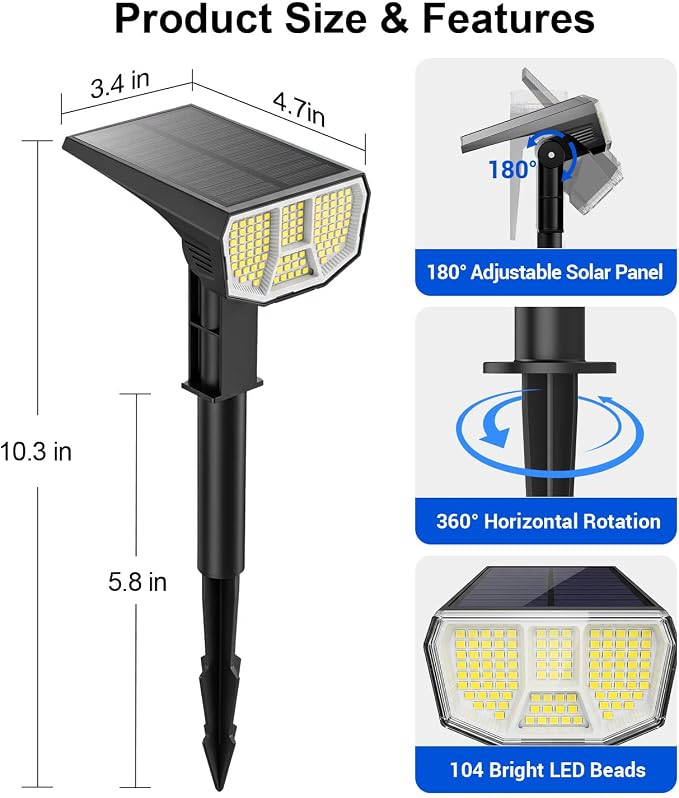 LETMY 6 Pack Solar Spot Lights Outdoor, 104 LED Solar Spotlights, 2-in-1 Solar Powered Outdoor Lights, Auto On/Off, Solar Lights Outdoor for Yard, Garden, Patio, Wall, Trees & Flag, Cool White