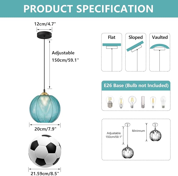KCO Lighting Mid Century Modern Blue Glass Pendant Light Large Globe Kitchen Island Dining Pendant Lights Black Round Ceiling Hanging Lighting Fixture Adjustable Cord Farmhouse Foyer Chandelier