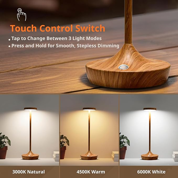 Set of 2 Cordless Table Lamps, Rechargeable 6000mAh LED Desk Lamps, Up to 60 Hours, Touch Control with 3-Level Dimming, Waterproof for Restaurant, Dining, Patio & Home Decor (Bamboo Pattern)