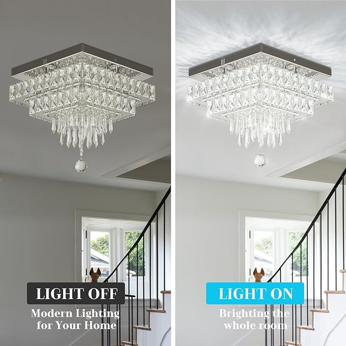 Finktonglan Crystal Chandeliers, 13'' Modern LED Chandelier Ceiling Light with Multilayer Crystal, Square Flush Mount Ceiling Light for Dining Room Bedrooms Entryway Living Room (Multicolor)