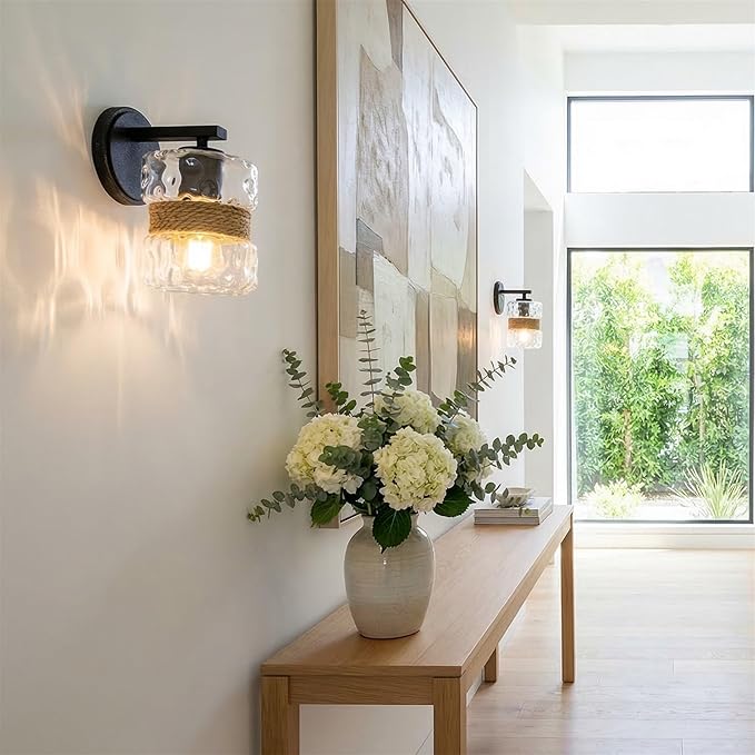 Kira Home Sage 9.5" Farmhouse Hammered Glass Wall Sconce with Natural Rope Accent, Industrial Cylinder Glass Shade Wall Light, Textured Black Finish