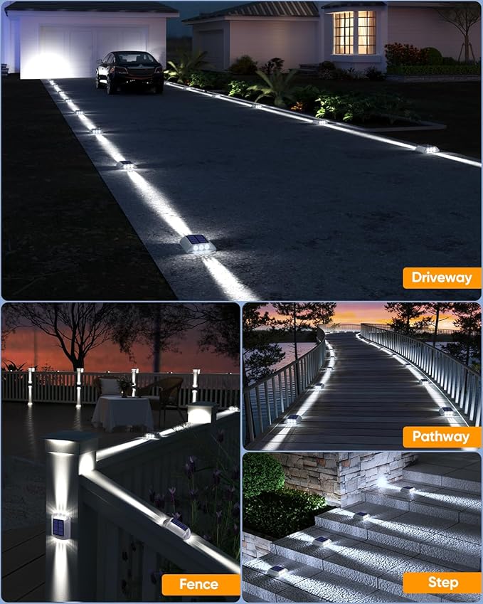 DetarZinLED Deck Lights Solar Powered, 12 Pack White Solar Pathway Driveway Light Outdoor IP68 Waterproof, Stick on & Screw Markers Deck Lights for Dock, Walkway, Sidewalk, Patio, Pool, Garden, Step