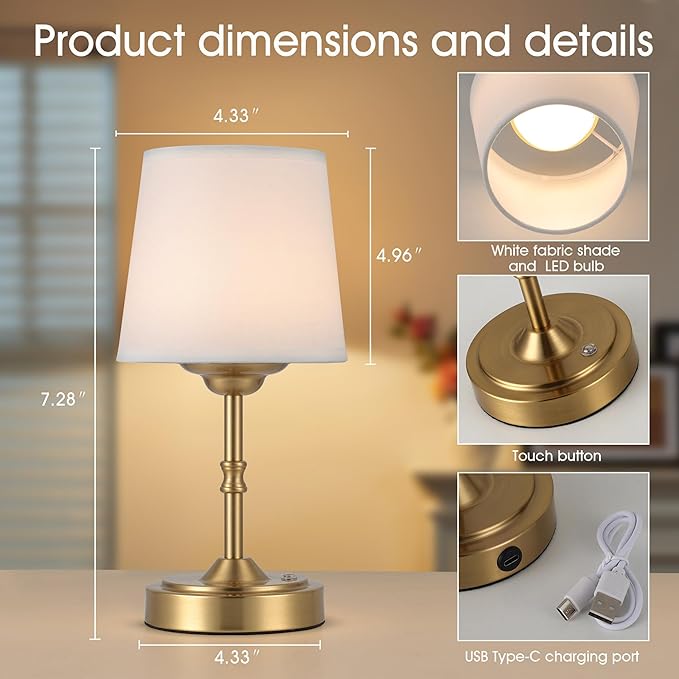 Vintage Gold Cordless Table Lamp with Remote and Touch Control, Wireless Small Led Battery Powered Rechargeable Portable Table Lamp, Dimmable 3 Color Mini Desk Lamp for Home Patio, 1Pack