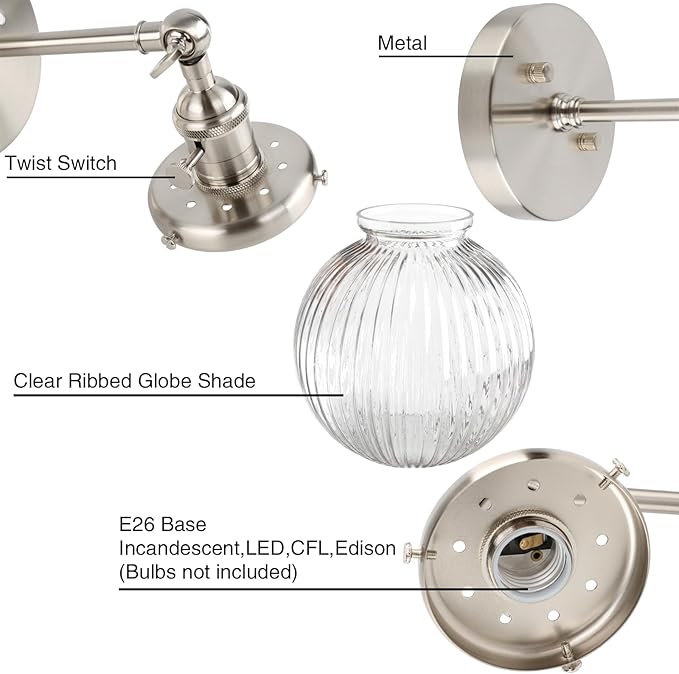 PERMO Sconce with Switch Industrial Gold Wall Sconce Lighting with Ribbed Globe Lampshade (Brushed, 1 Light-Hardwired)