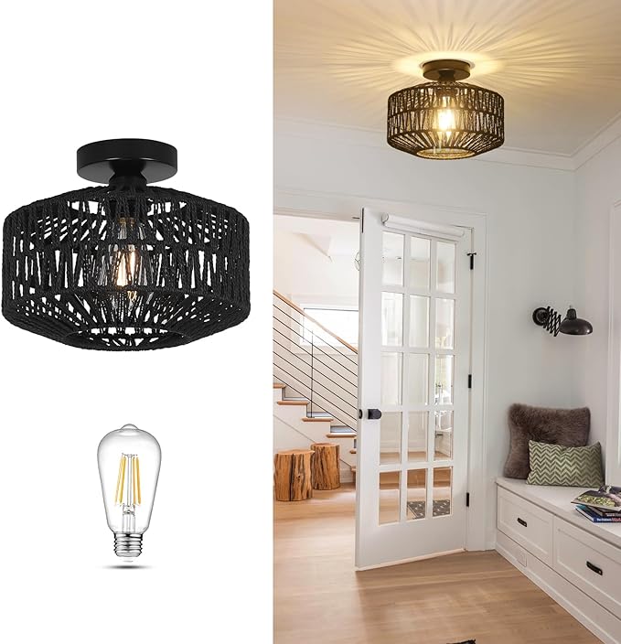 Rattan Light Fixtures Ceiling Mount,Boho Ceiling Light Fixture with Dimmable LED Bulb，Mini Hand Woven Rattan Chandelier Light Fixtures Ceiling for Bedroom Kitchen Entryway Living Room Hallway（Black）