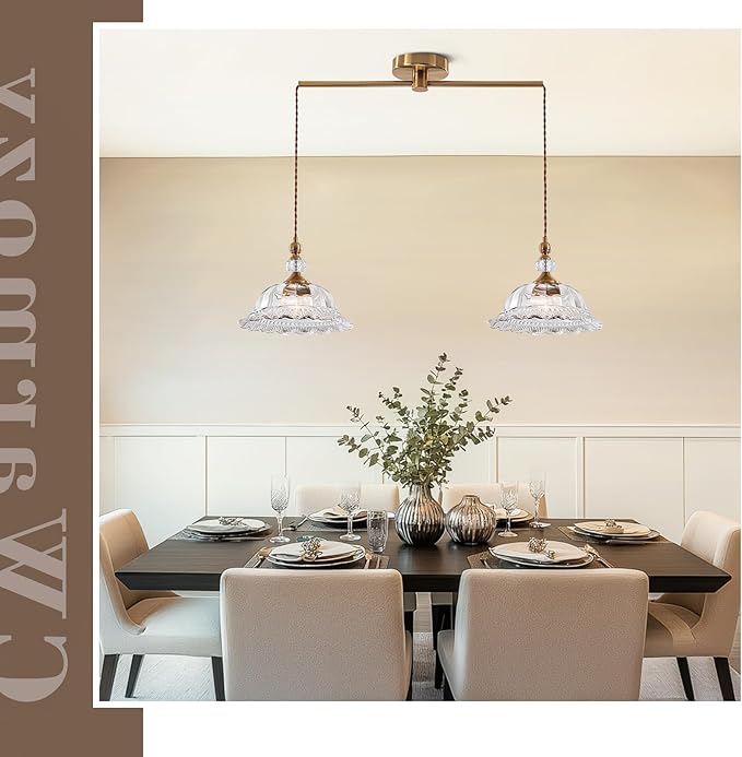 2-Light Vintage Pendant Light Fixtures for Kitchen Island Brass Gold 10.6" Glass Small Pendant Lights Adjustable Hanging Light for Hallway Porch Sink Table
