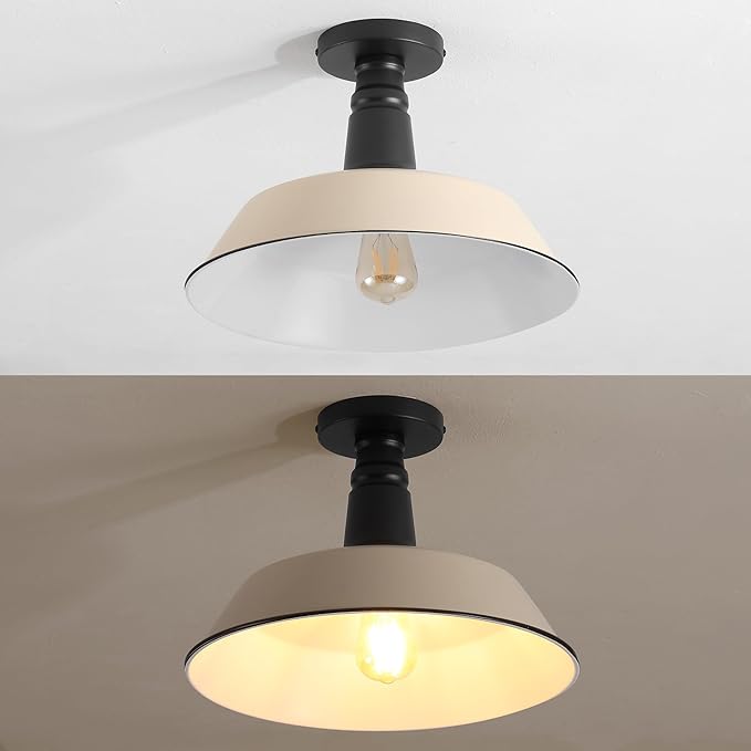 JONATHAN Y 14" Matte Almond/Black 1-Light Industrial LED Semi Flush Mount Ceiling Light for Porch, Kitchen, Entryway, Modern Farmhouse Iron Fixture, White Metal Shade, LED Bulb Included (JYL7617J)