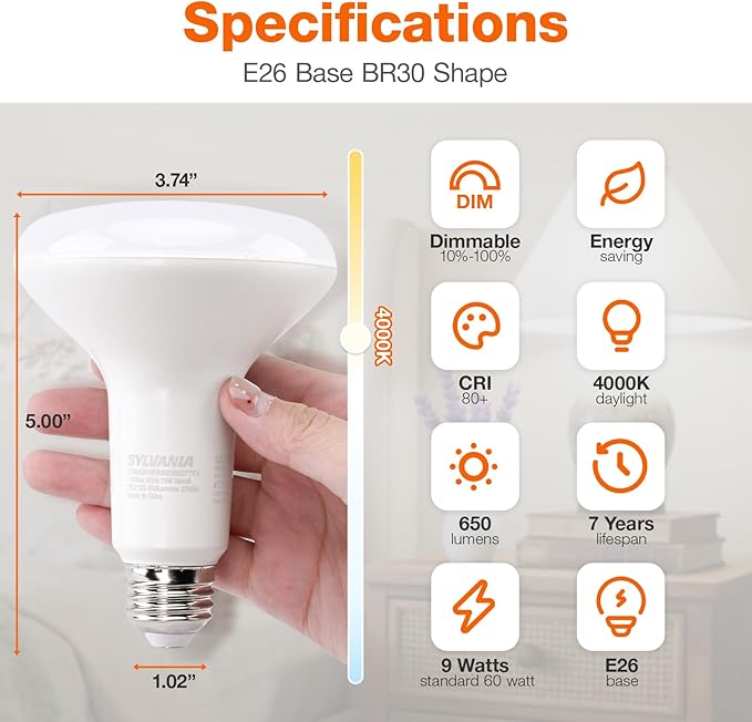 Sylvania ECO LED BR30 Light Bulb, 65W = 9W, Dimmable, Frosted Finish, 650 Lumens, 4000K, Cool White - 4 Pack (41102)