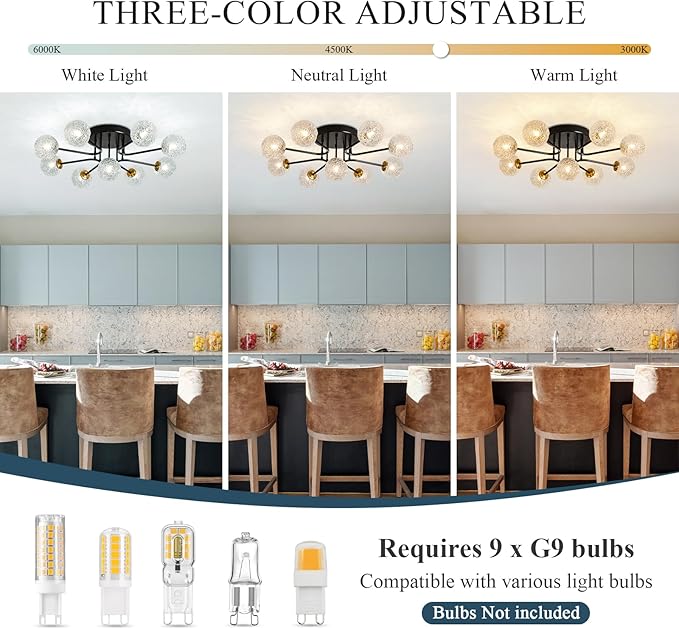 Sputnik Semi Flush Mount Ceiling Light Black Glass Globe Ceiling Lighting Modern Close to Ceiling Light for Living Room Dining Room Bedroom Kitchen