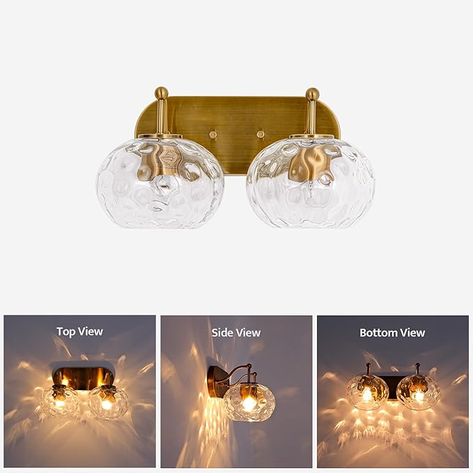 Brushed Gold Vanity Light Clear Hammered Glass Wall Sconce 2-Light Brass Wall Lamp for Hallway Living Room Stairwell Bathroom Over Mirror