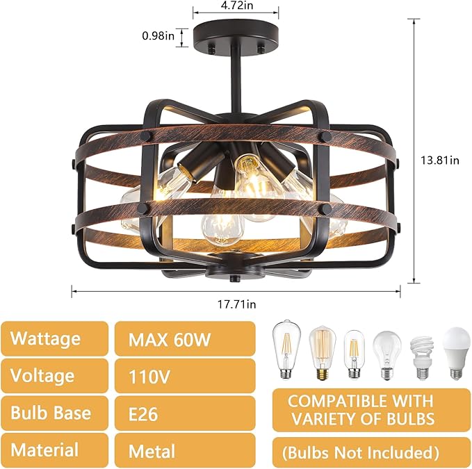 17.71'' Farmhouse Cage Semi Flush Mount Ceiling Light Fixture 4-Light Rustic Metal Ceiling Lighting Industrial Light Fixtures Vintage Ceiling Mount Black Chandeliers for Dining Room Kitchen Foyer E26