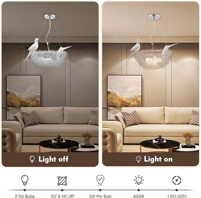 5 Lights Bird's Nest Pendant Light LED Chandelier w/Adjustable Cord Woven Nest Chandelier for Living, Dining, Study, Bedroom, Silver Dia 40cm