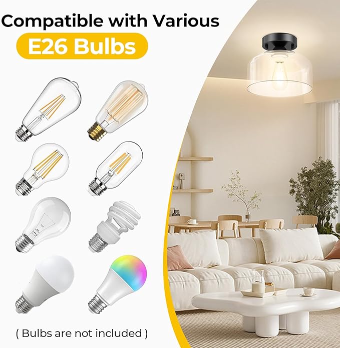 LACCEN Semi Flush Mount Ceiling Light - Clear Glass Pendant Lamp Shade, Matte Black Finish, Modern Farmhouse Light Fixture for Hallway Corridor Kitchen Entryway Bedroom, Bulb Not Included