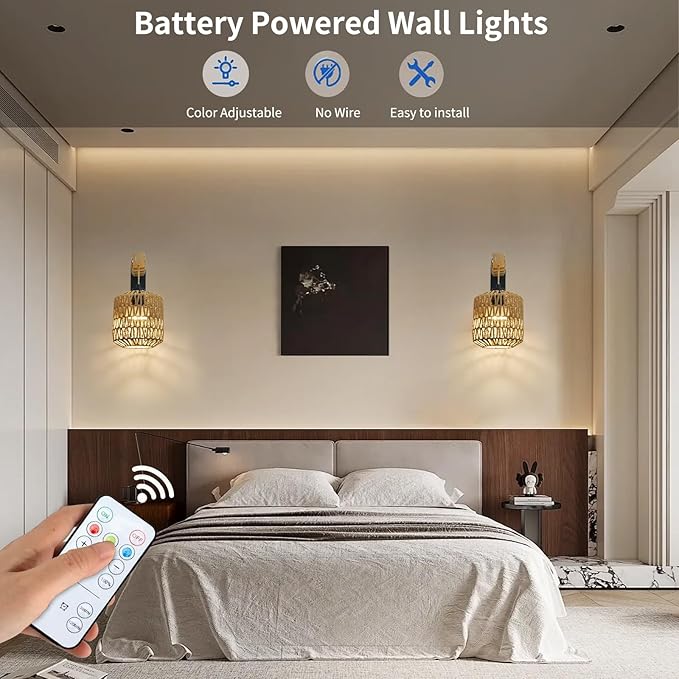 Boho Battery Operated Wall Sconce Set of Two, Rattan Rechargeable Wall Sconces with Remote,Wireless Sconces Set of 2 for Bedroom,Living Room,Entryway 15 Colors Dimmable-Black