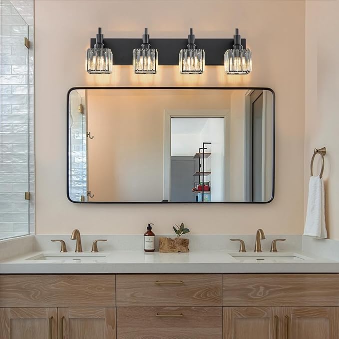 Black Crystal Bathroom Vanity Light 4-Light Modern Bathroom Lighting Fixtures Over Mirror Black Wall Sconce with Square Shade