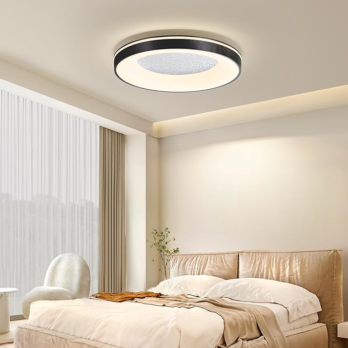 LED Flush Ceiling Light, 15in Black Round Ceiling Light Dimmable 3000K/4500K/6500K Color Recessed Lamp for Living Room, Bedroom, Office,Hallway