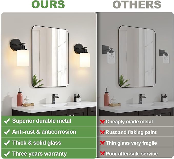 Set of 2 Wall Sconces for Bathroom,Black Modern Vanity Lights with Milky White Frosted Glass Shades,Bathroom Wall Lamp, for Bathroom, for Mirror, Living Room, Kitchen, Hallway, Cabinet, Porch